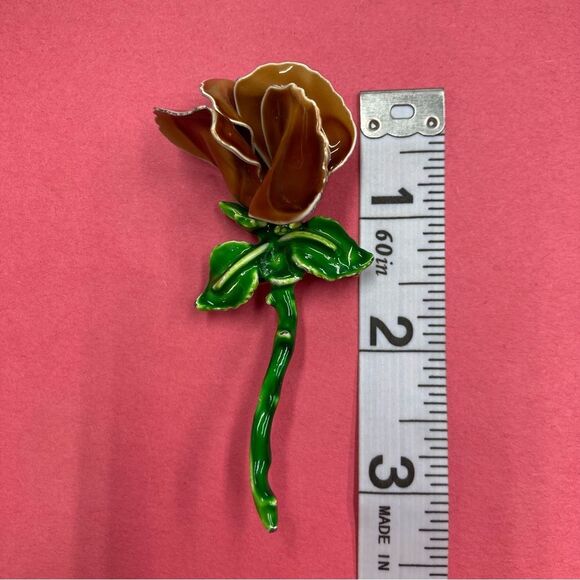 Rose Flower Brooch Pin Brown and Green Jewelry Accessory Boutonniere Ceramic - Picture 10 of 12
